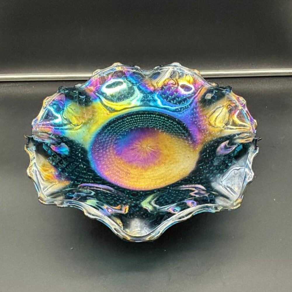 Vintage 1960's Indiana Glass Blue Iridescent Carnival Star Ruffled Bowl Platter